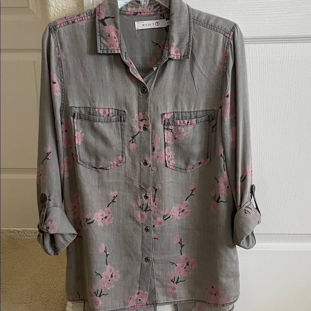 Gray and Pink Floral Button Down Shirt